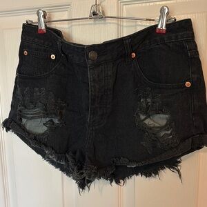 Distressed Black Denim Shorts